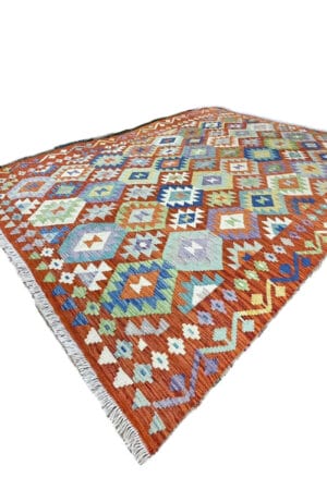 Kleurrijk, geometrisch Kelim tapijt | Oosters vloerkleed.