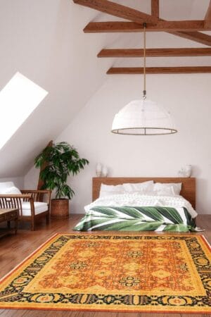 Een slaapkamer met een vloerkleed en een houten bed.