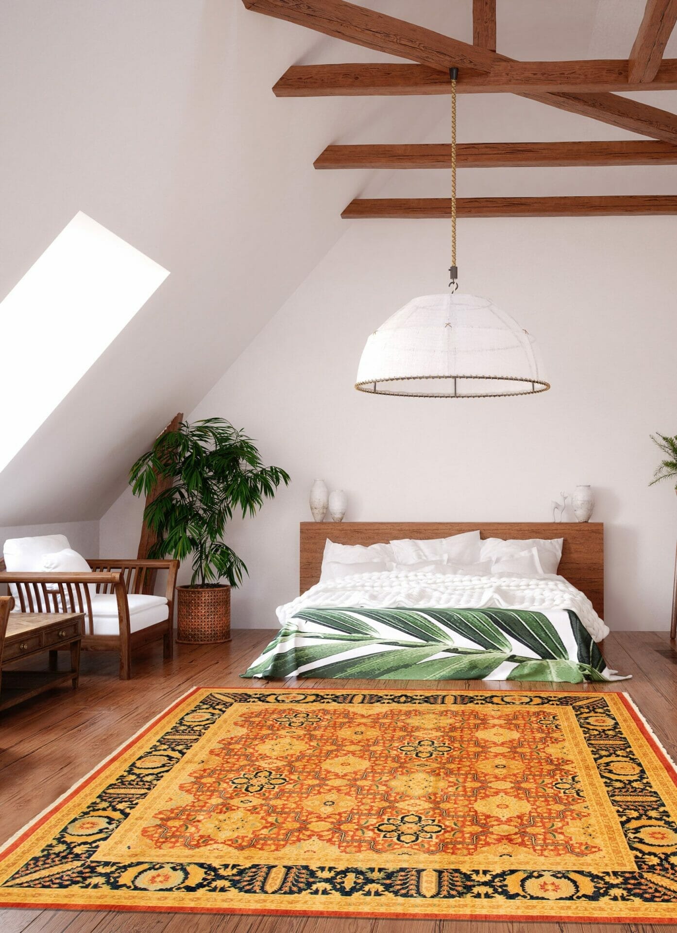 Een slaapkamer met een vloerkleed en een houten bed.