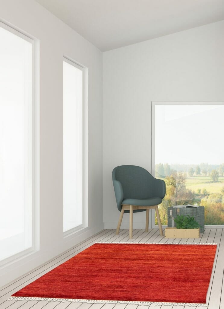 Een oranje vloerkleed in een kamer met grote ramen.