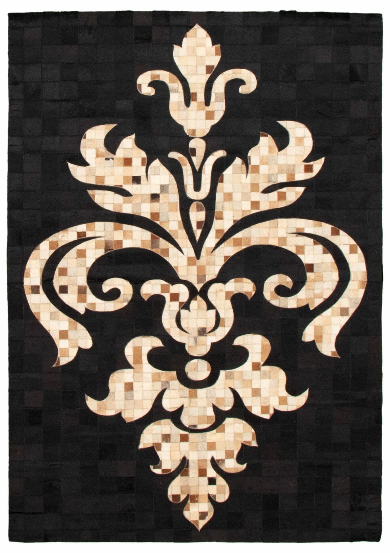 Een zwart-wit tapijt met een design.