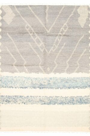 Beschrijving: Een blauw-wit vloerkleed met een geometrisch patroon.