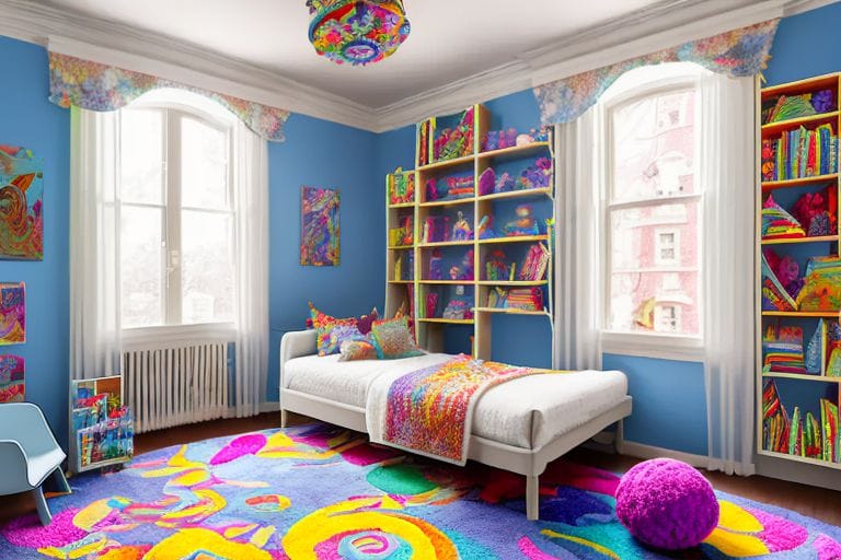 Een kinderkamer met een kleurrijk vloerkleed