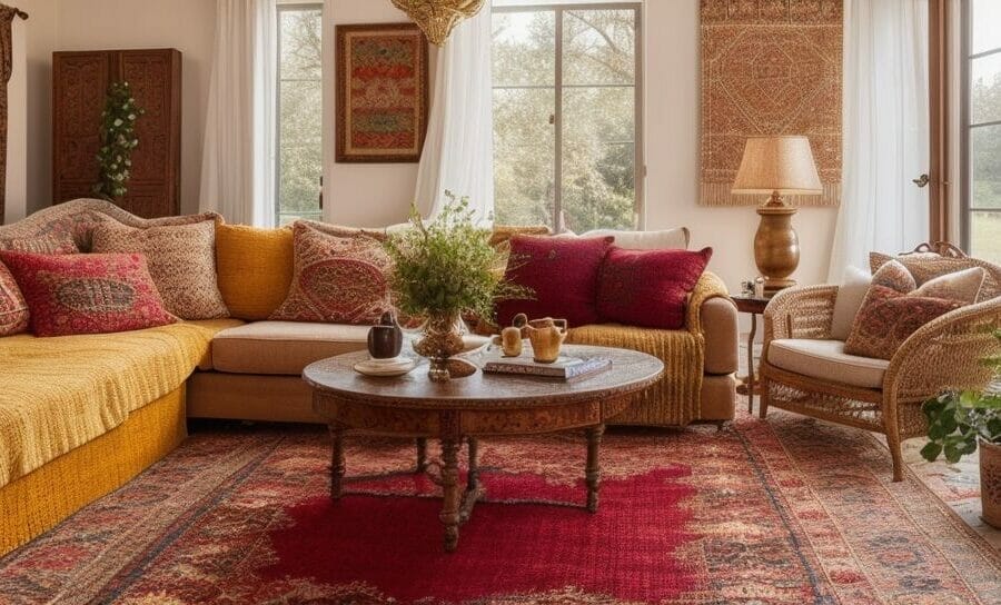 Een woonkamer met een gele bank en een rood tapijt.
