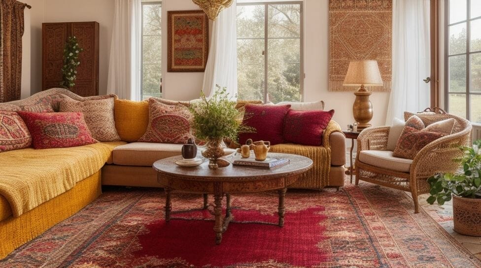 Een woonkamer met een gele bank en een rood tapijt.
