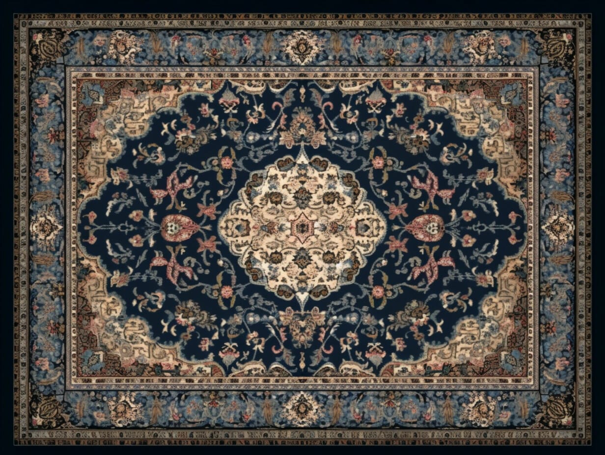 Een blauw en beige vloerkleed met een sierlijk dessin.
