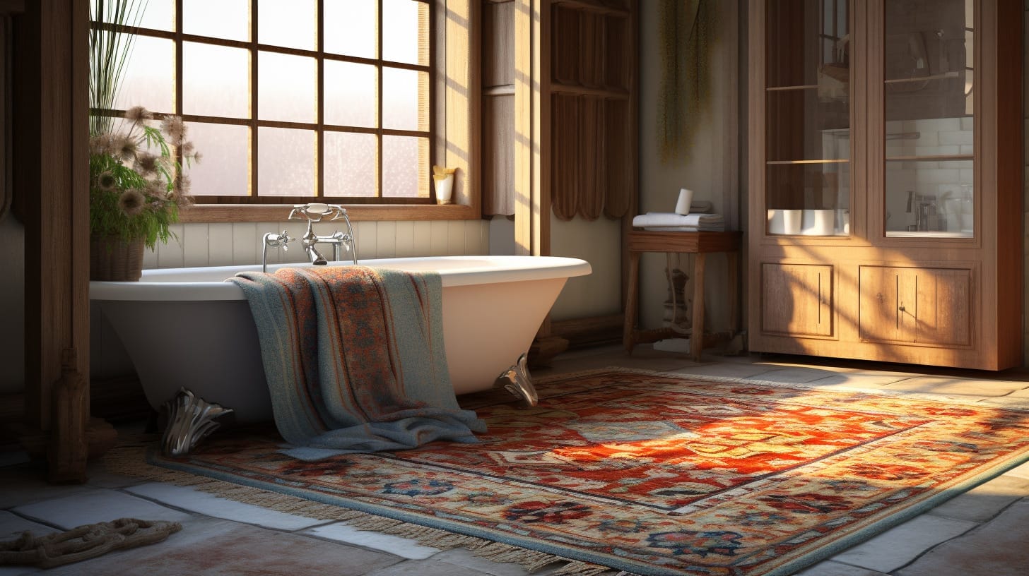 Beschrijving: Een badkamer met een vloerkleed en een badkuip.