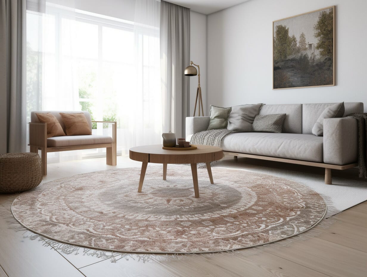 Een rond vloerkleed in een woonkamer.