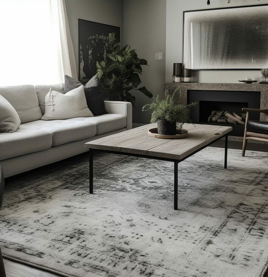 Een grijs-beige woonkamer met een vloerkleed.