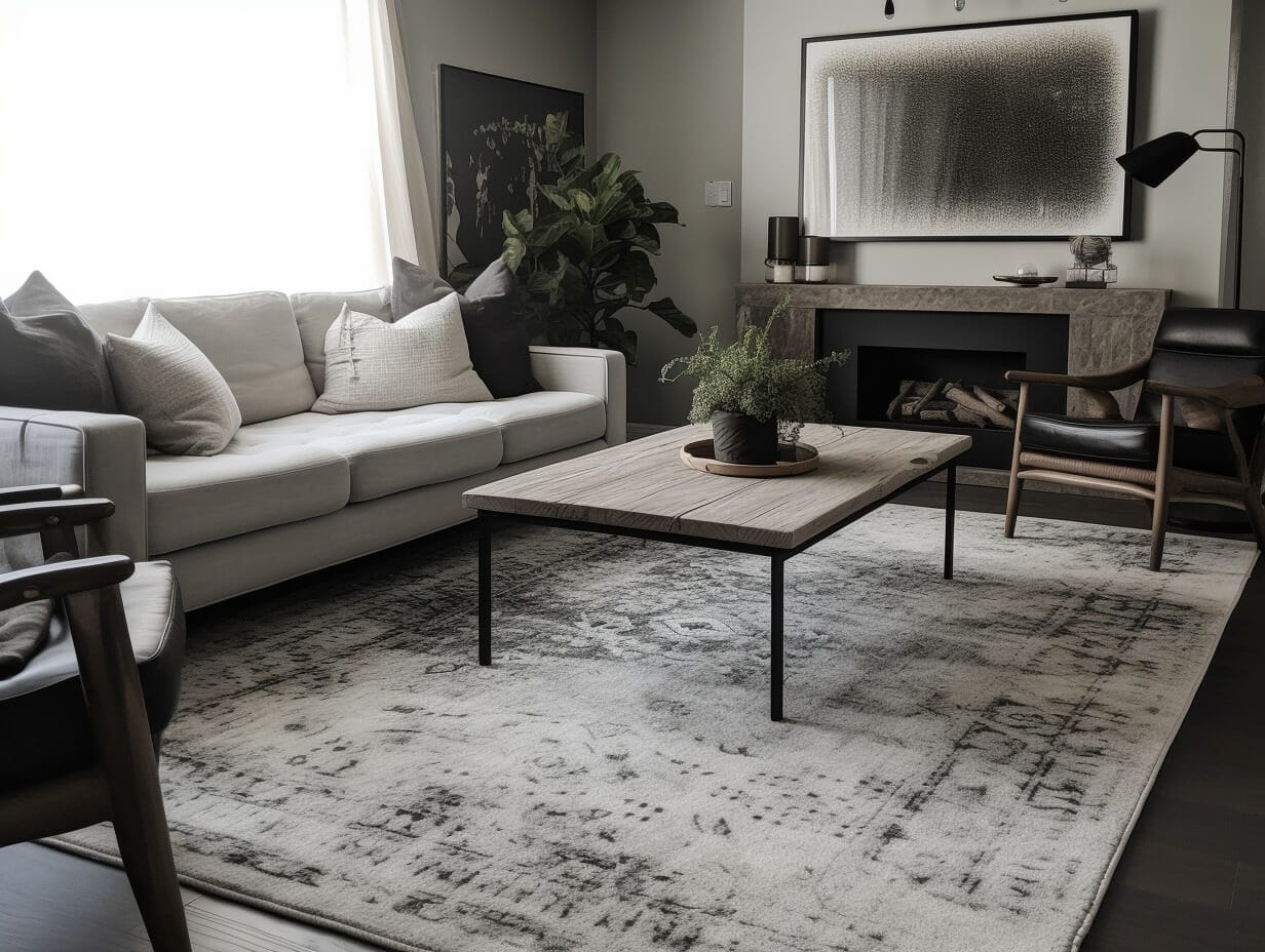 Een grijs-beige woonkamer met een vloerkleed.