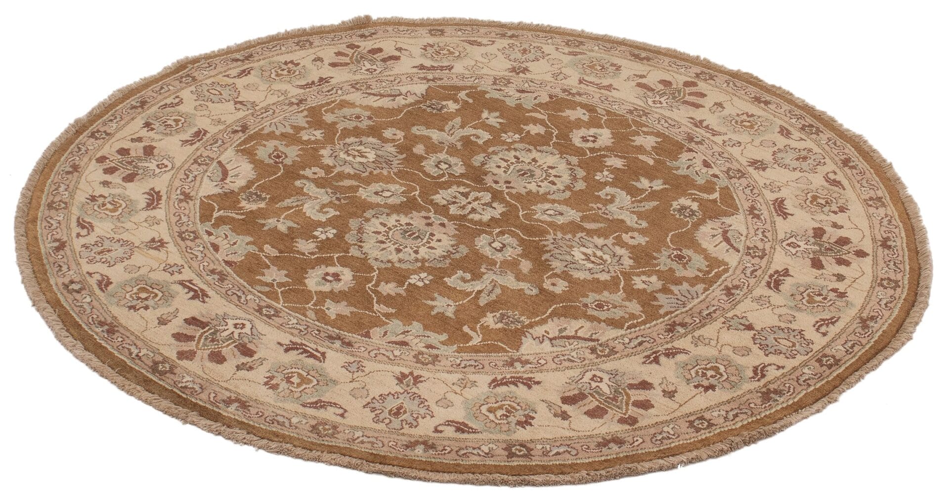 Een rond vloerkleed met een beige en beige bloemdessin.