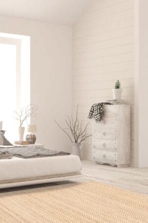 Een slaapkamer met witte muren en een wit tapijt.