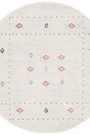 Een geometrisch design rond vloerkleed op een witte achtergrond.