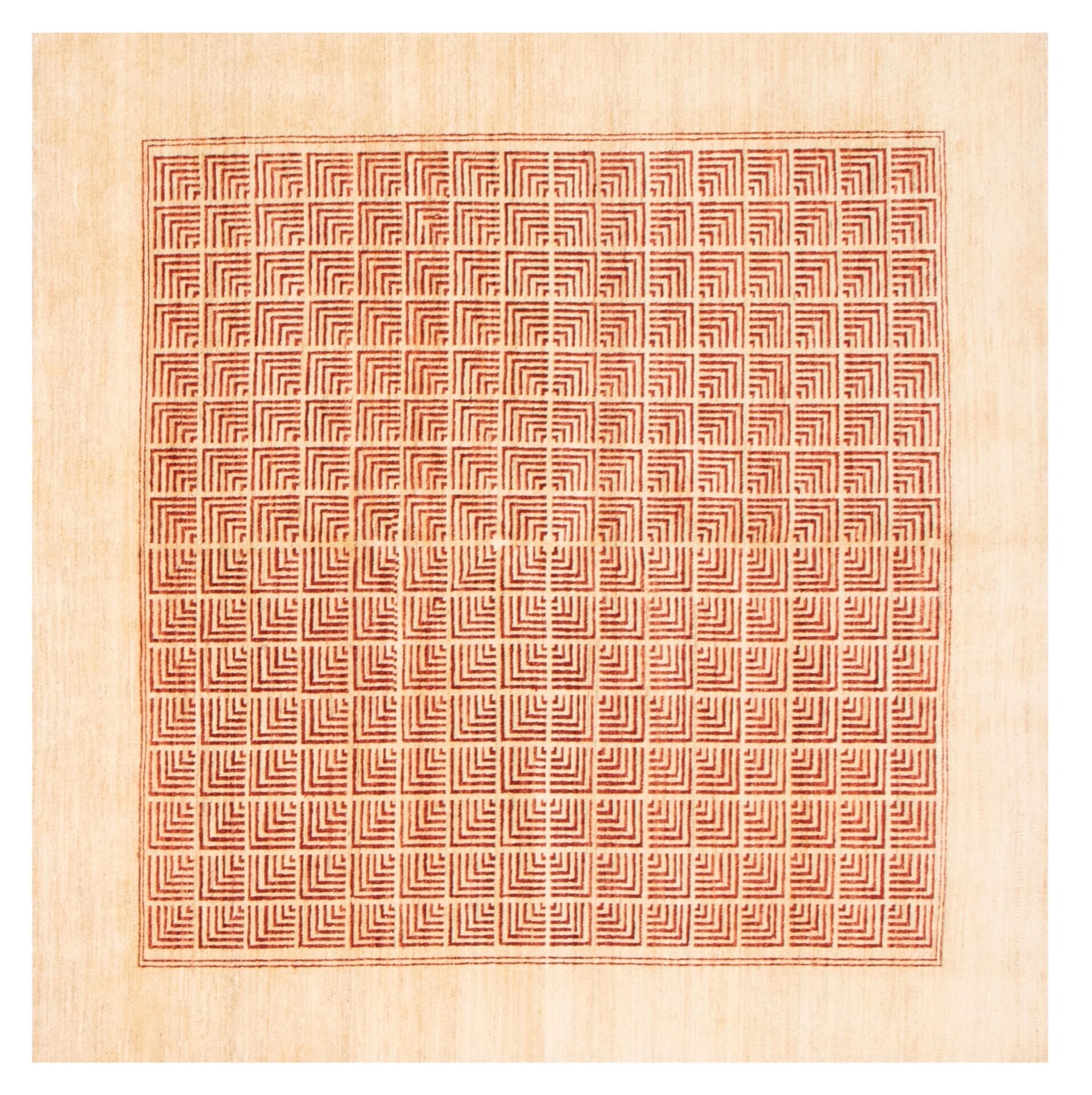 Een rood en bruin vierkant patroon op een vloerkleed.