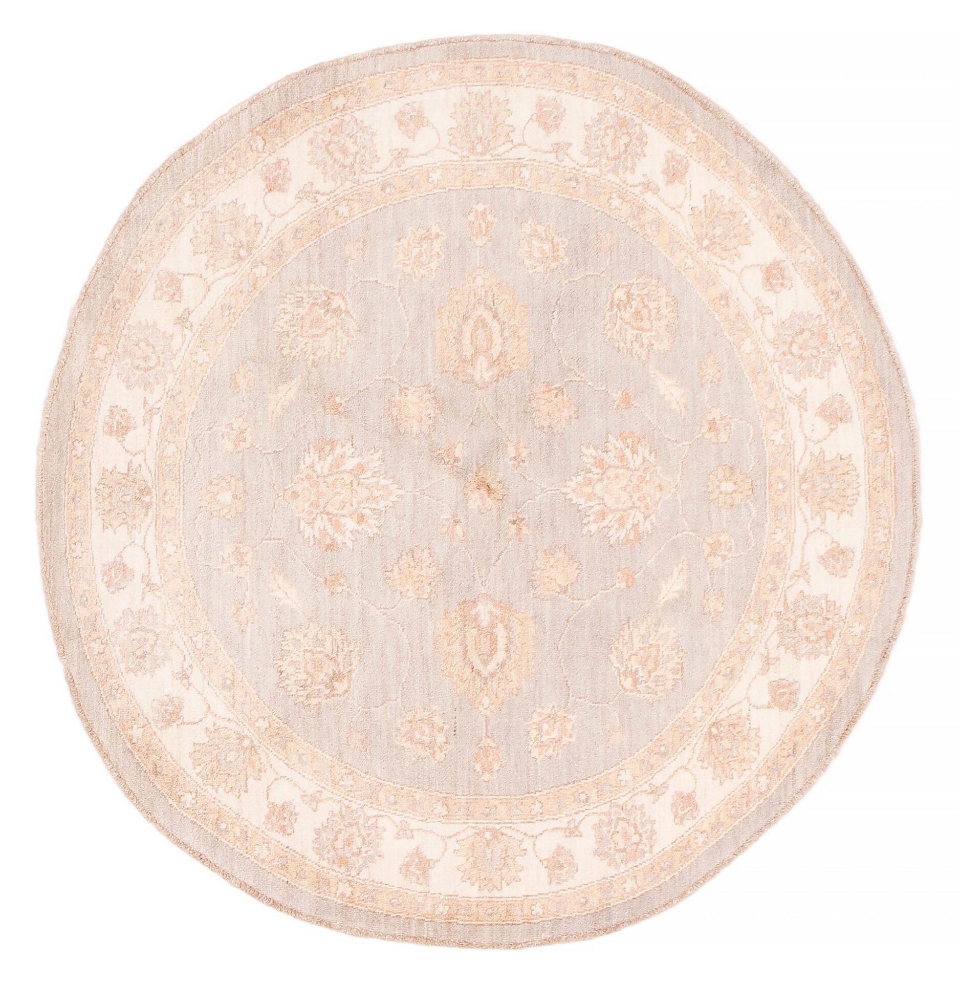 Een rond tapijt met een beige dessin.