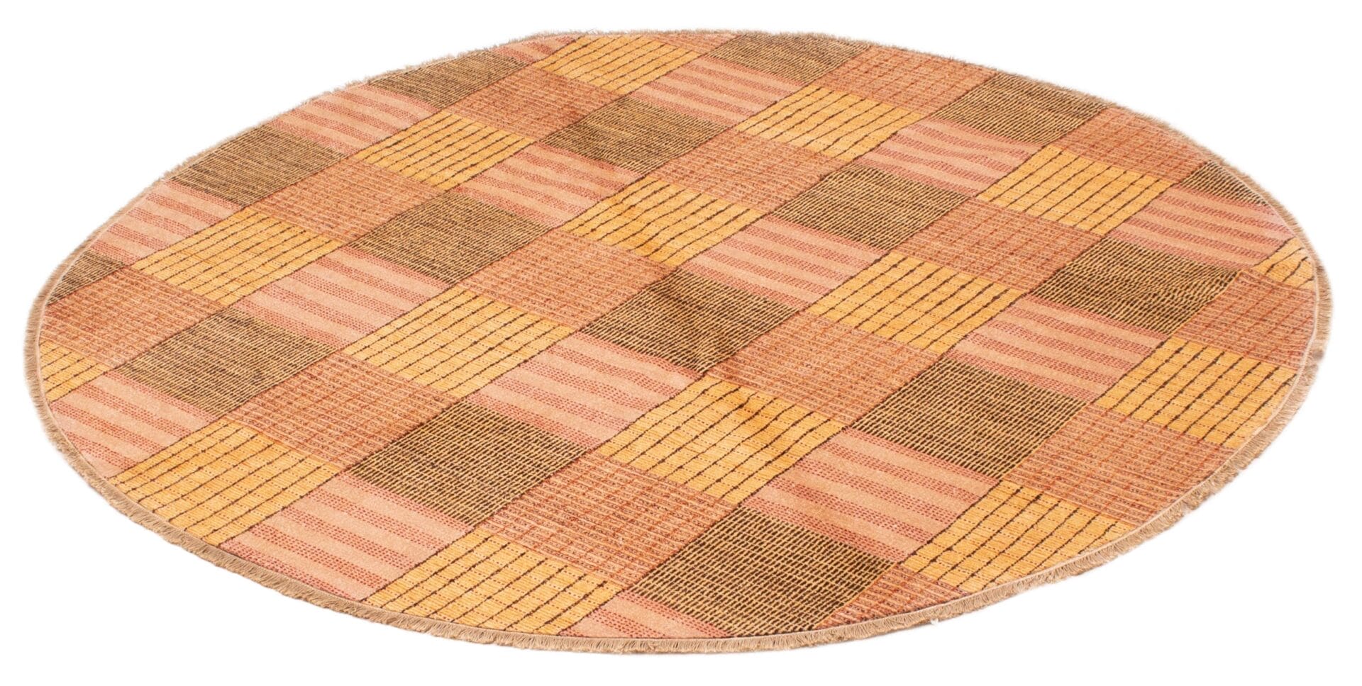 Een bruin en geel geruit tapijt.