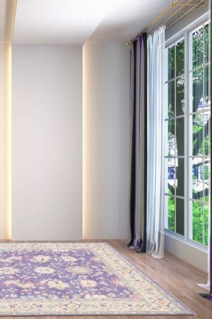 Een paars-wit vloerkleed in een kamer met een raam.