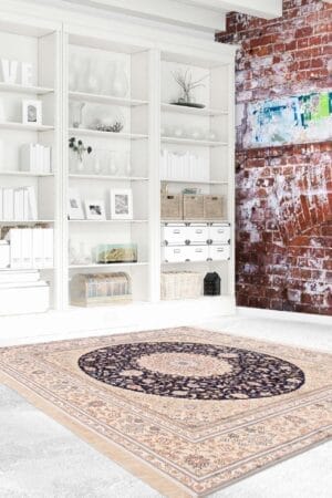 Een oosters tapijt in een kamer met een bakstenen muur.