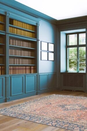 Een blauwe kamer met boekenplanken en een vloerkleed.