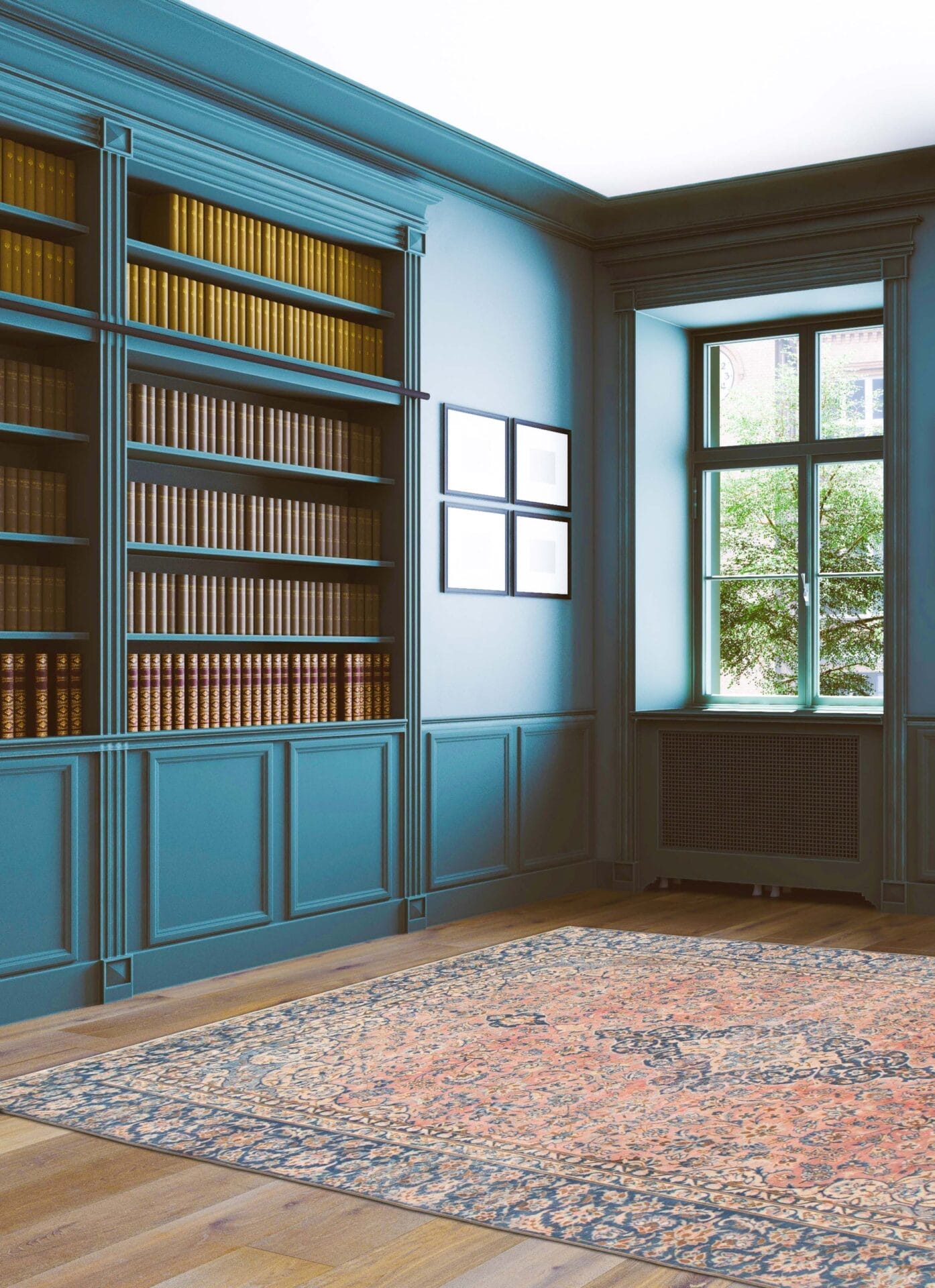 Een blauwe kamer met boekenplanken en een vloerkleed.