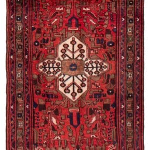 Een rood en bruin tapijt met een ornamentaal ontwerp.