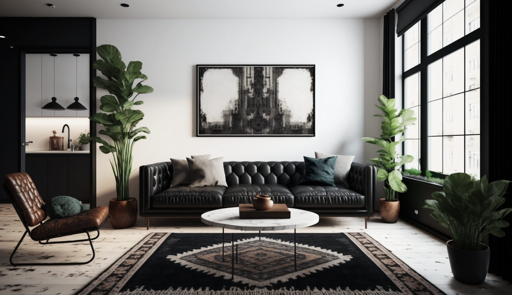 Een moderne woonkamer met een zwartleren bank, groene planten, een vloerkleed met patroon (welke kleur vloerkleed past goed bij een zwarte bank?) en een ronde witmarmeren salontafel. Grote ramen aan de rechterkant laten natuurlijk licht binnen.