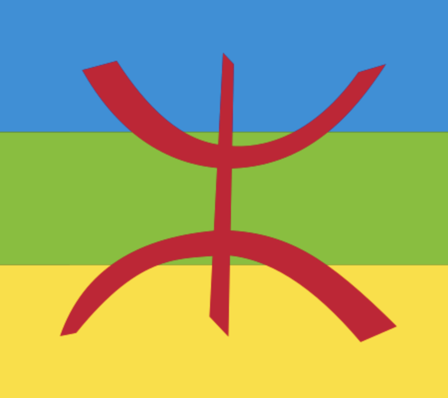 Amazigh Vlag: Een vlag met drie horizontale strepen in blauw, groen en geel, met een centraal rood symbool dat lijkt op een persoon met uitgestrekte armen.