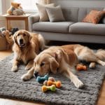 Twee golden retrievers liggen op een grijs vloerkleed in een gezellige woonkamer. De ene hond ligt met zijn kop op de grond, omringd door kleurrijk kauwspeelgoed, terwijl de andere vlakbij zit.