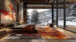 Een moderne slaapkamer met grote kamerhoge ramen onthult een besneeuwd berglandschap. De kamer is voorzien van een laag platformbed, kleurrijk abstract tapijt en een inspirerend schilderij aan de muur.