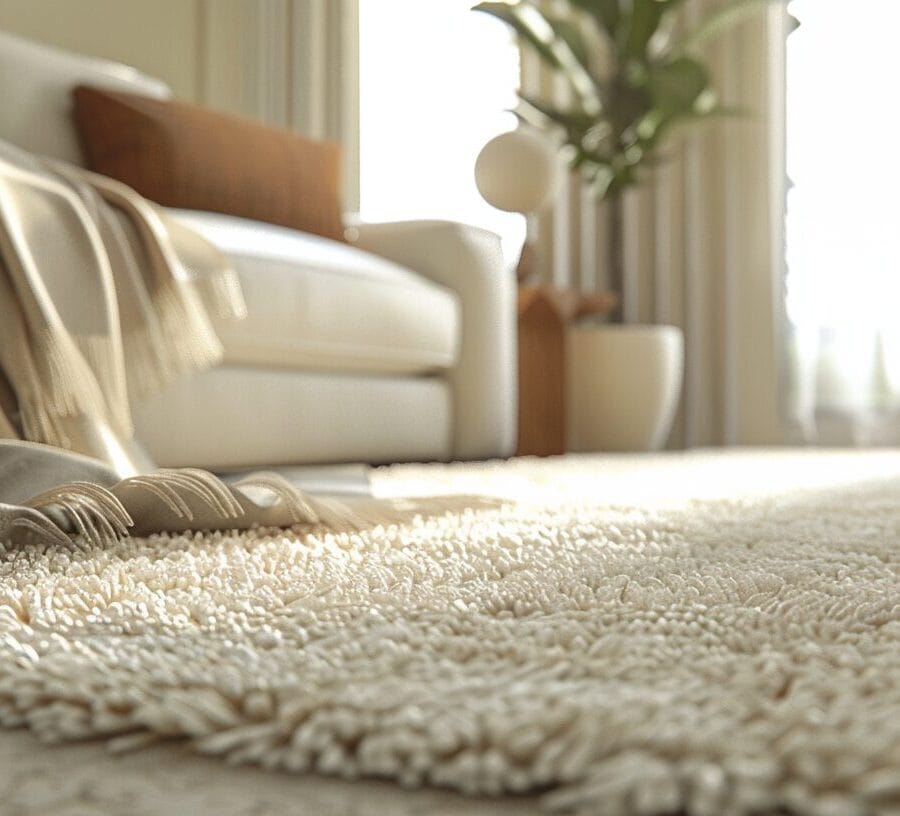 Een close-up van een pluizig beige tapijt in een woonkamer met een witte bank, een deken, een grote plant en zonlicht dat door transparante gordijnen op de achtergrond valt. Deze serene opzet zou te zien zijn in de Ultieme Gids voor Vloerbedekking en Tapijten.