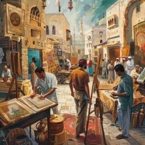 Levendig markttafereel met kunstenaars die schilderen en kalligrafen aan het werk, omringd door winkelend publiek in traditionele kleding, te midden van kraampjes beladen met islamitische kunst en tapijten.