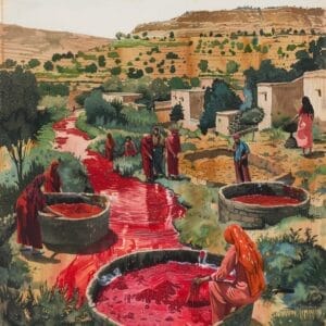 Illustratie van verschillende mensen in traditionele kleding die stof verven met rubia in rood, naast een rivier en putten in een landelijk landschap.