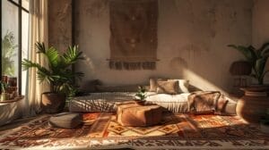 Een gezellige kamer met een laag bed, kussens en potplanten. Het zonlicht valt door een groot raam en verlicht een Berber-tapijt met patroon en een geweven wandkleed.