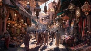 Een bruisende markt in Marrakesh met mensen die tussen verschillende kraampjes lopen waar textiel en lantaarns worden verkocht onder gedrapeerde stoffen tinten.
