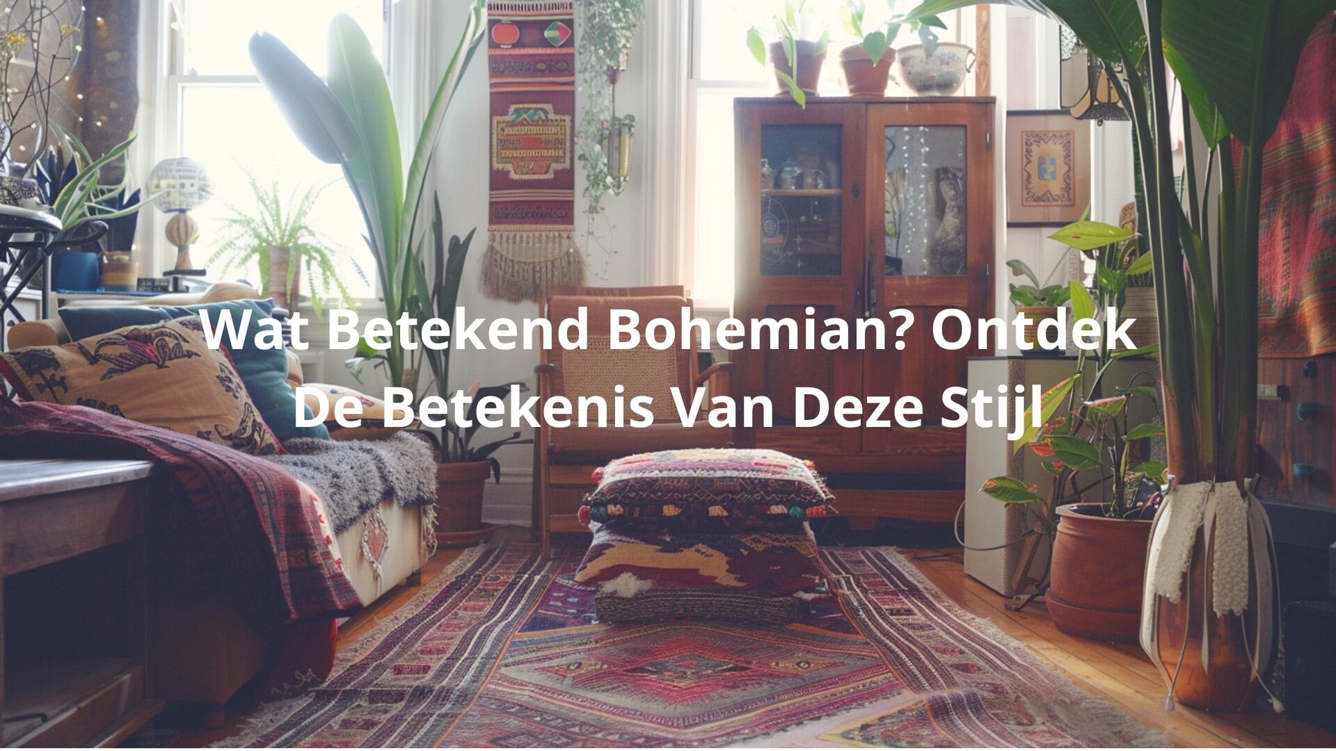 Een gezellige woonkamer in bohemienstijl met kleurrijk textiel, een levendig vloerkleed, planten en houten meubilair. De Nederlandse tekst op de afbeelding luidt: "Wat Betekend Bohemian? Ontdek De Betekenis Van Deze Stijl.