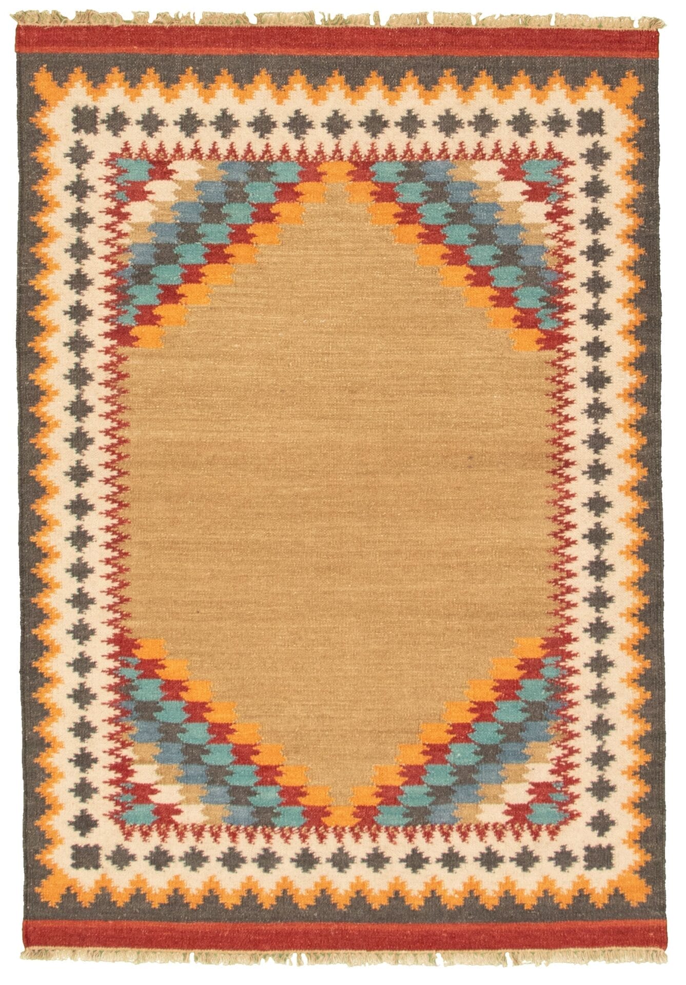 De Turkse Ankara FW plat geweven wollen kelim, met een afmeting van 124 x 180 cm, heeft een rechthoekig ontwerp met een beige midden en geometrische patronen in rood, blauw, geel en wit langs de randen. Dit vloerkleed voegt een vleugje elegantie toe aan elke kamer.