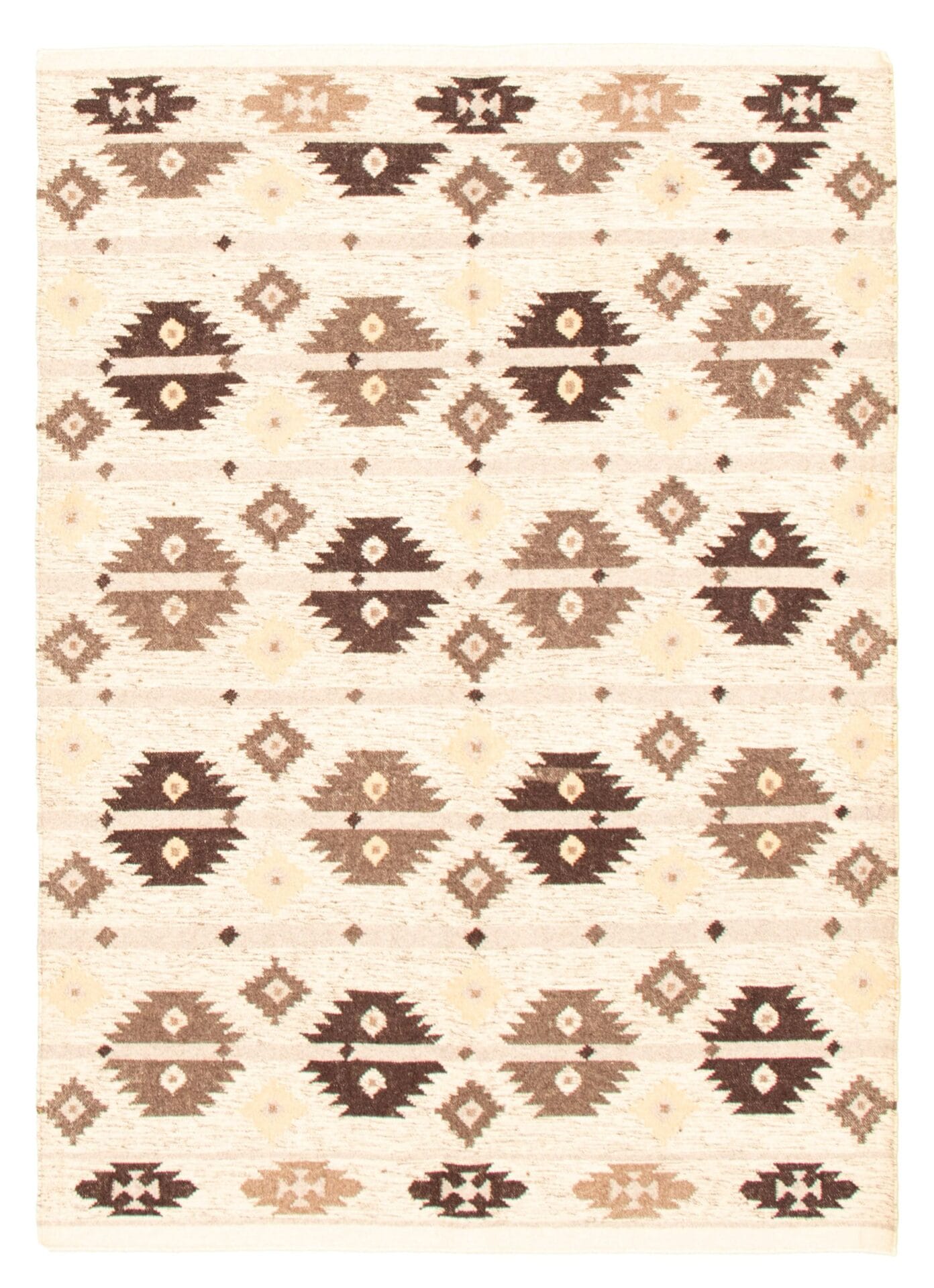 Een rechthoekige Turkse Ankara FW plat geweven wollen kelim met een geometrisch patroon van bruine, beige en crèmetinten, met symmetrische ruit- en stervormige vormen, met de afmetingen 168 x 234 cm.