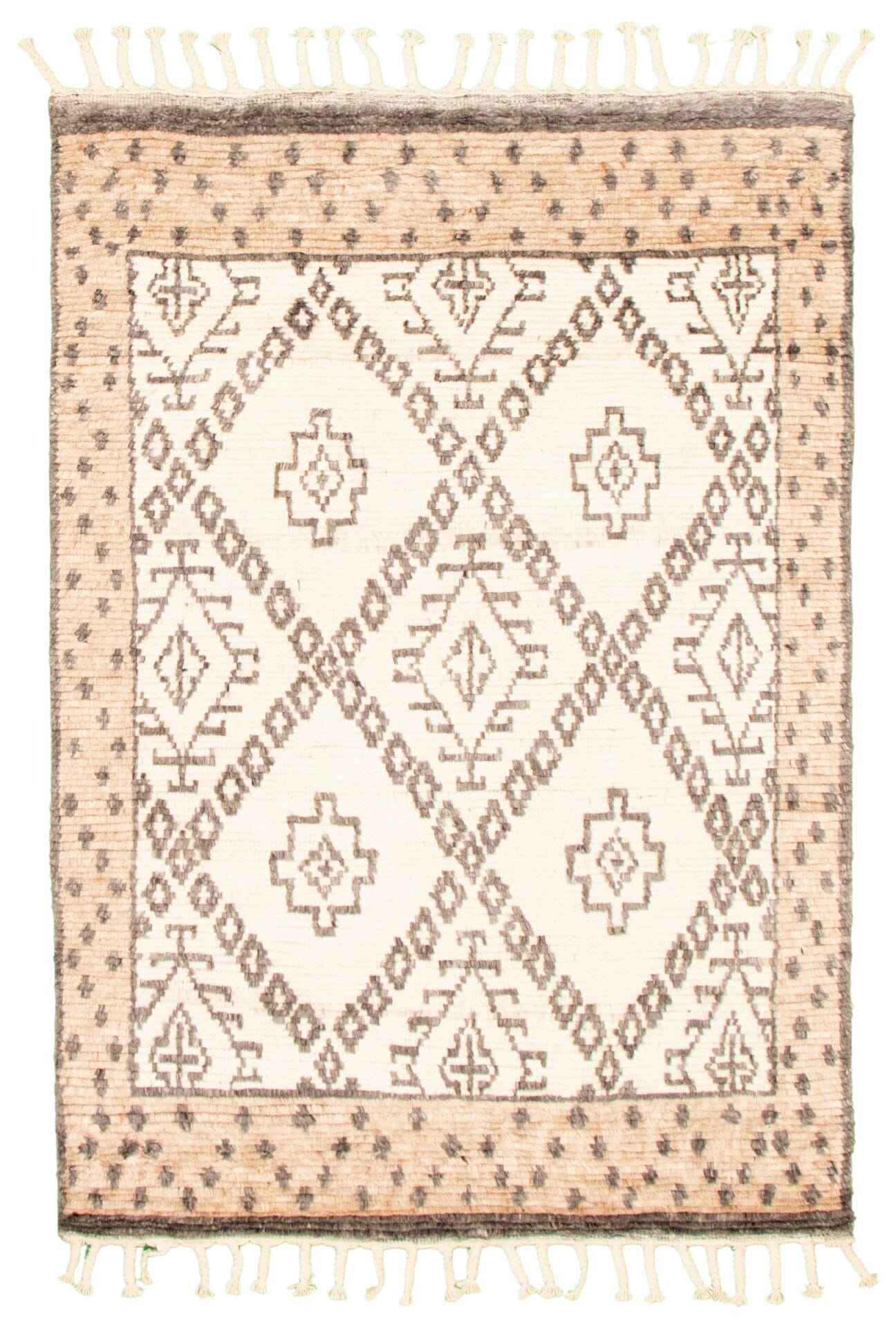 Het Indiase Arlequin handgeknoopte wollen vloerkleed (170 x 239 cm) met beige en bruine geometrische patronen met franjes aan de randen.