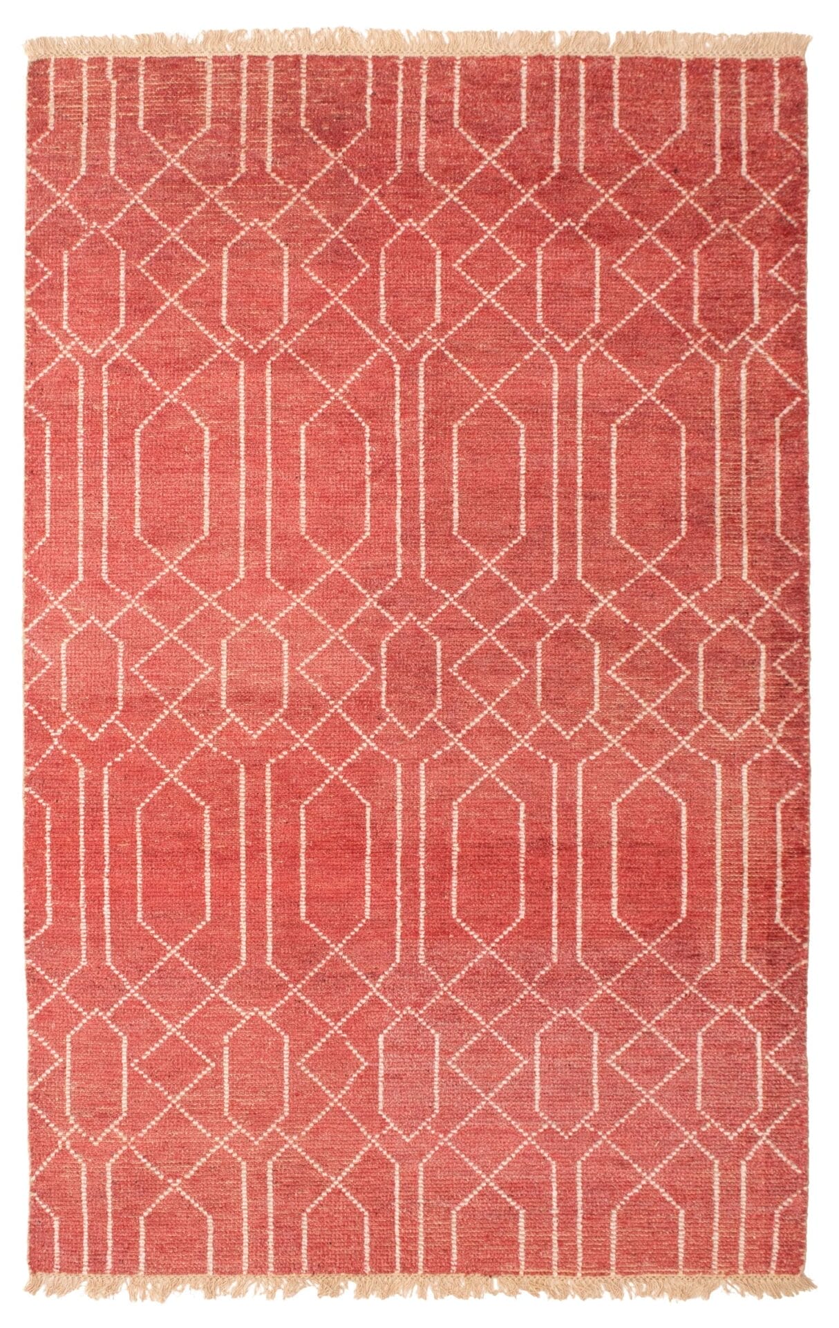 Indiaas Tanger Handgeknoopt Zijden Vloerkleed, 152 x 244 cm, is een rechthoekig rood vloerkleed met een geometrisch patroon in crème en franjes aan de kortere randen.