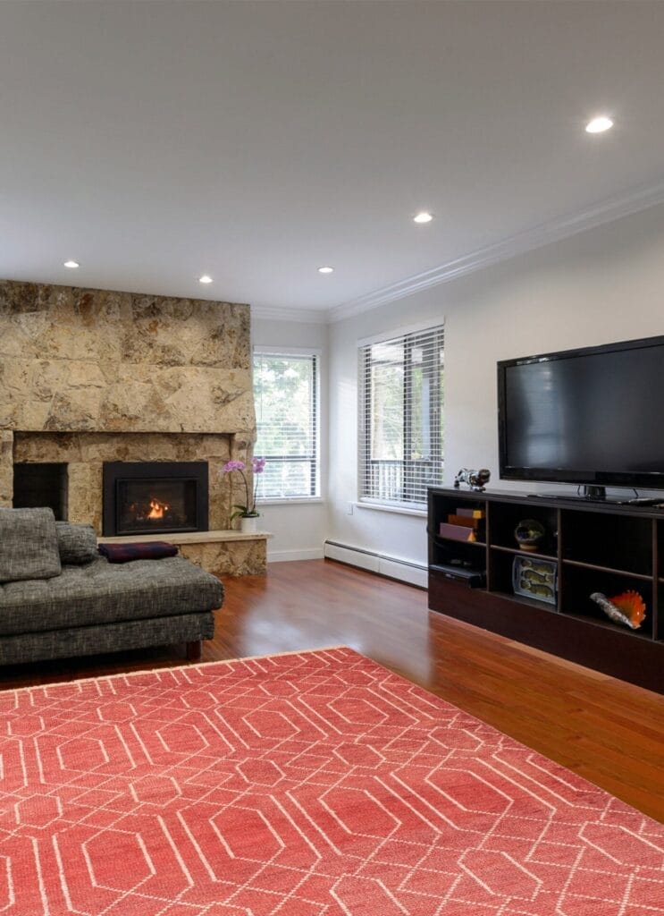 Een woonkamer met een stenen open haard, grote flatscreen-tv op een zwarte standaard, grijze sofa en vloerkleed met rood patroon. De kamer heeft hardhouten vloeren en twee ramen met witte zonwering.