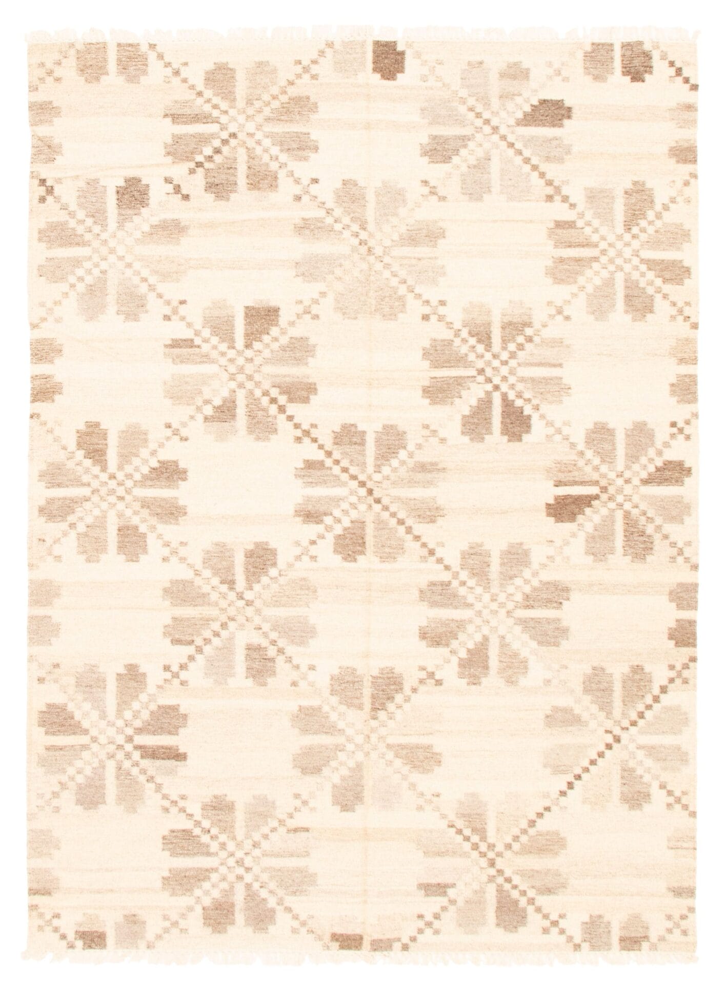 Een beige en witte Turkse Ankara FW platgeweven wollen kelim, van 170 x 239 cm, met een herhalend geometrisch bloemenpatroon in neutrale tinten.