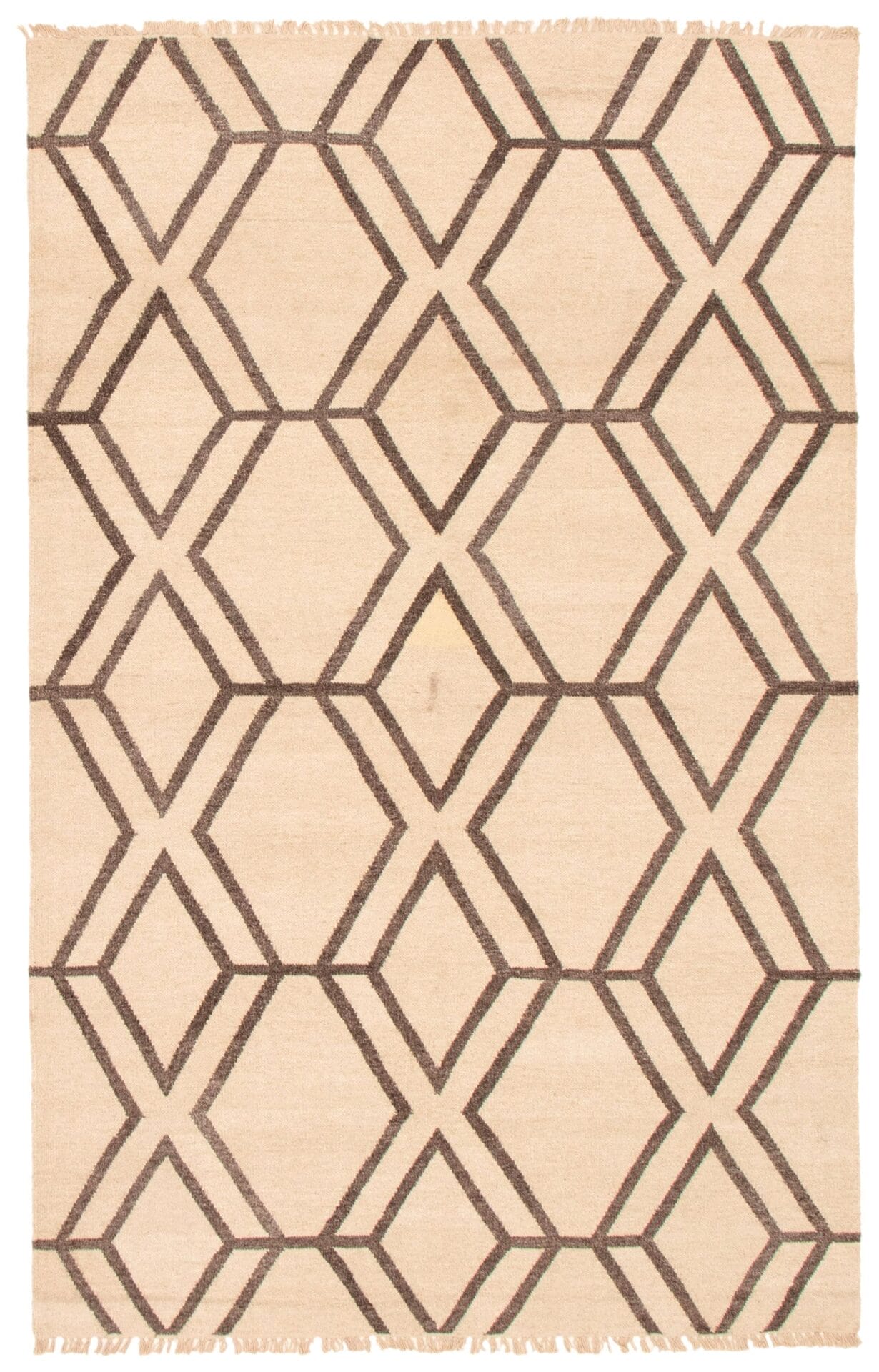 De Turkse Ankara FW platgeweven wollen kelim, van 157 x 246 cm, is een beige vloerkleed met een geometrisch ruitpatroon met donkerbruine lijnen. Het ontwerp bestaat uit overlappende diamanten verspreid over het gehele vloerkleed, en de randen zijn licht gefranjerd.