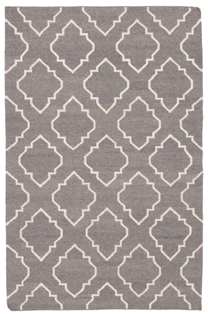 Rechthoekige grijze Turkse Ankara FW kelim, 160 x 249 cm, met een herhalend geometrisch patroon in het wit.