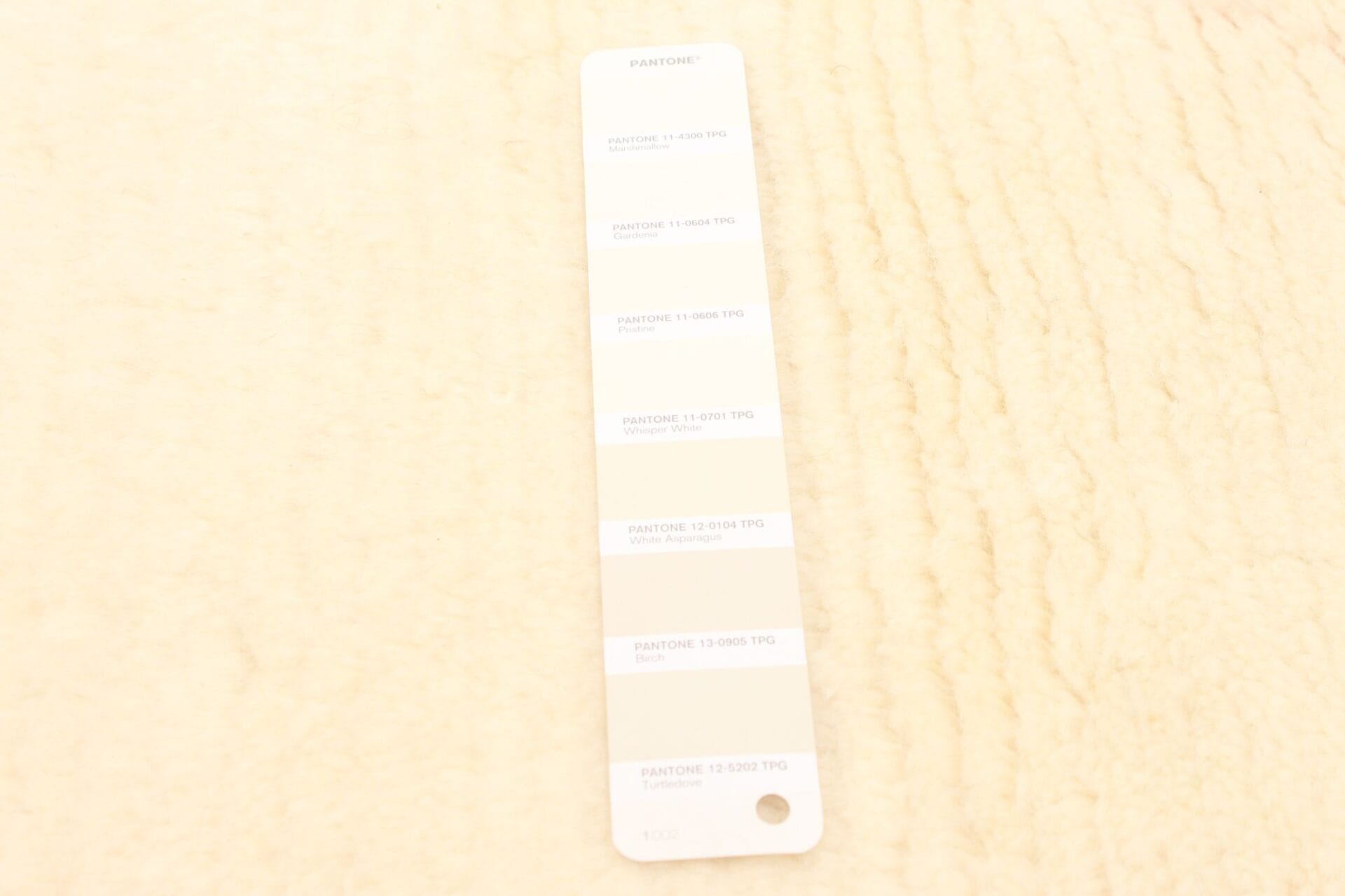 Een Pantone-kleurstalenkaart met zeven kleurstalen, variërend van licht tot donker, gelabeld met hun respectievelijke Pantone-codes, geplaatst op een beige tapijt met textuur.