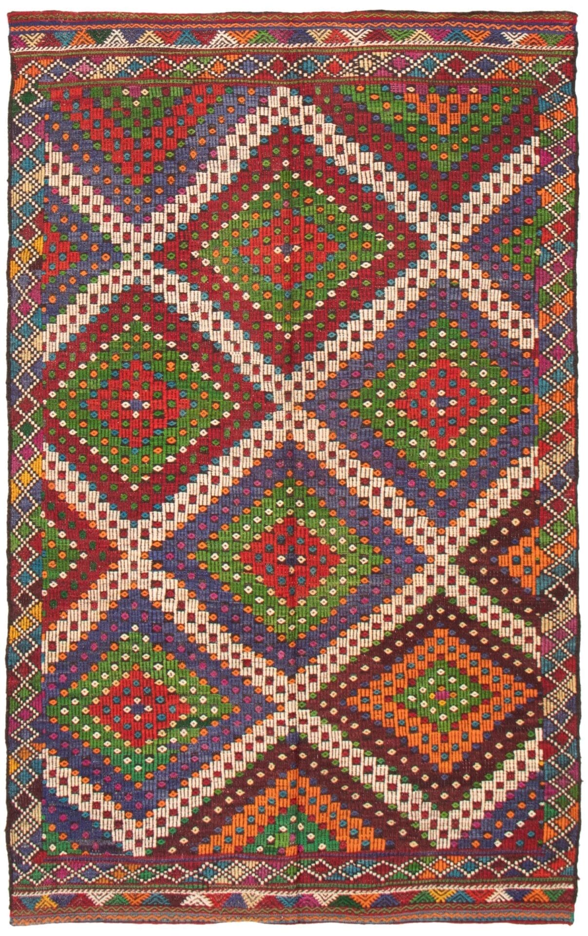 De "Turkse Konya plat geweven wollen kelim, 193 x 320 cm" is een traditioneel vloerkleed met geometrische patronen in rood, groen, oranje en wit gerangschikt in een symmetrisch ontwerp.