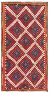 Een rechthoekige Turkse Konya platgeweven wollen wandtapijt kelim van 178 x 356 cm, met een ruitvormig patroon in rood, wit en blauw, met randen van groene, oranje en witte strepen.