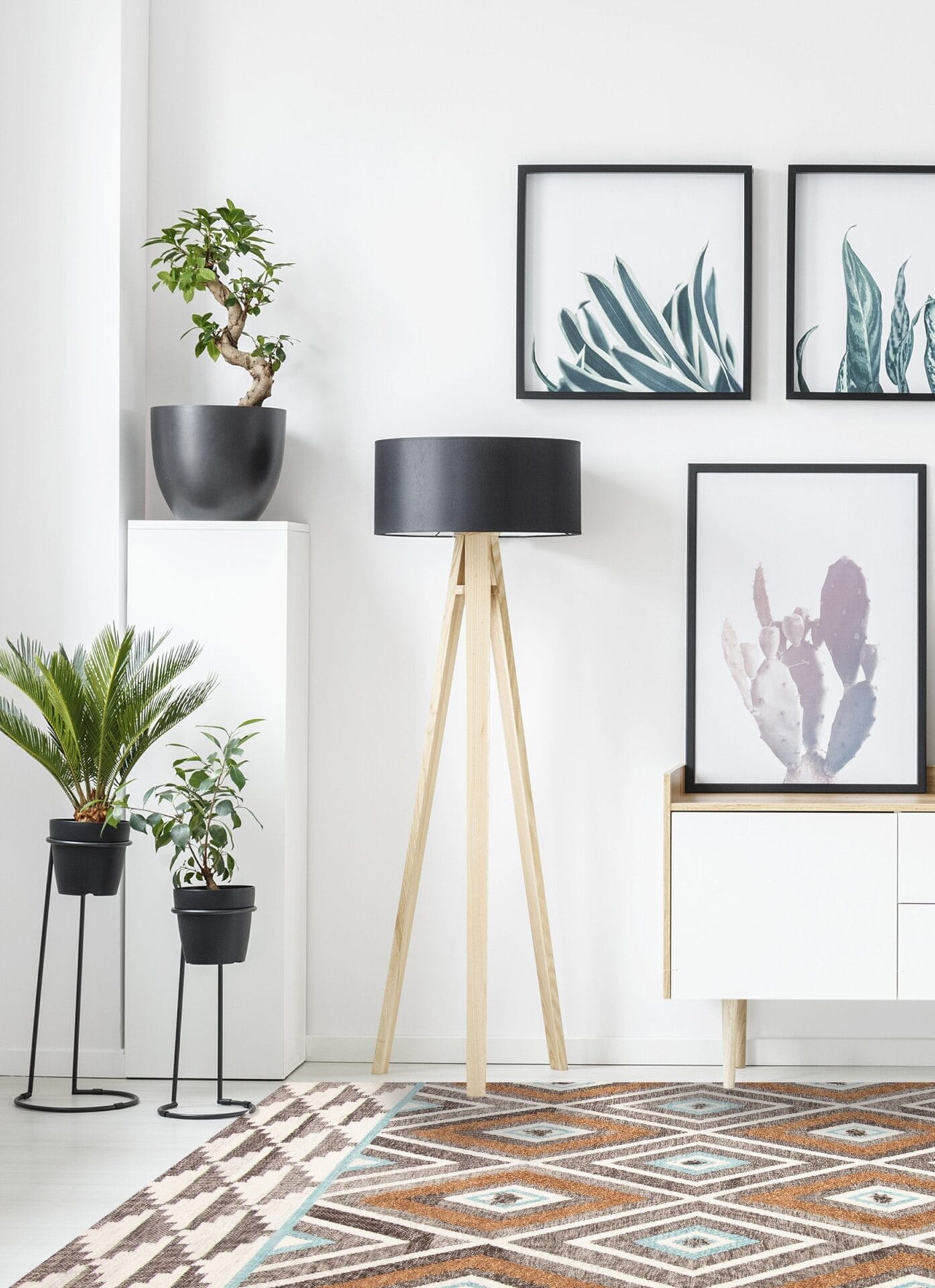 Moderne woonruimte met groene planten, een zwarte lampenkap op een houten statief, minimalistische botanische ingelijste kunst en een vloerkleed met geometrische patronen.