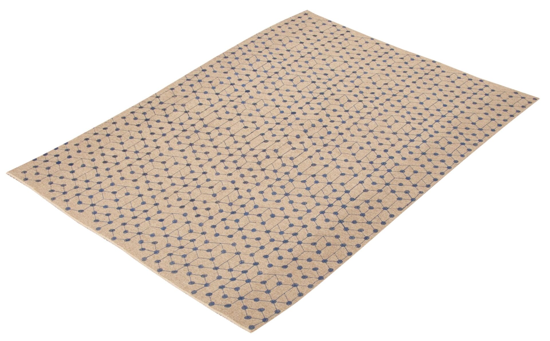 Een rechthoekig beige vloerkleed met een blauw geometrisch stippenpatroon.