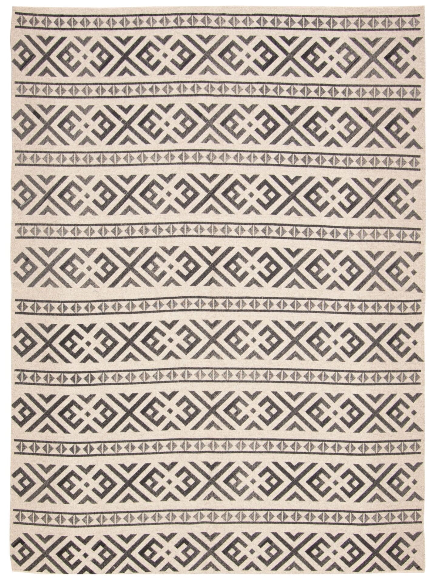 Wij presenteren de Turkse Ankara FW plat geweven wollen kelim, 155 x 218 cm, een rechthoekig vloerkleed met een verfijnd geometrisch patroon van onderling verbonden ruiten en lijnen in elegante zwart-wittinten.