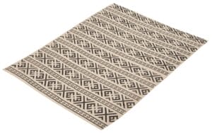 Een rechthoekig tapijt met een beige achtergrond en zwarte geometrische patronen, gerangschikt in parallelle rijen.